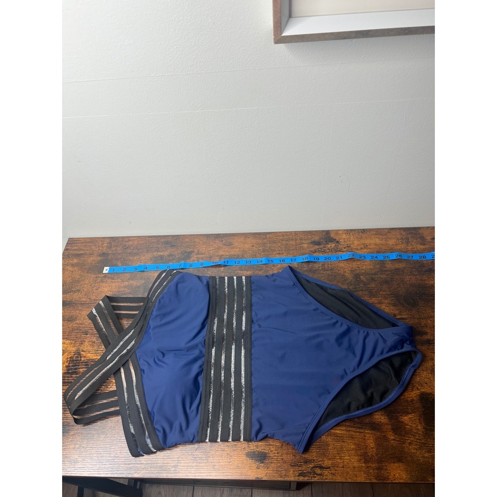Hilor Womens Navy Blue Mesh Stripe Cross Front One Piece Swimsuit Size S 4-6 NEW - Picture 4 of 8